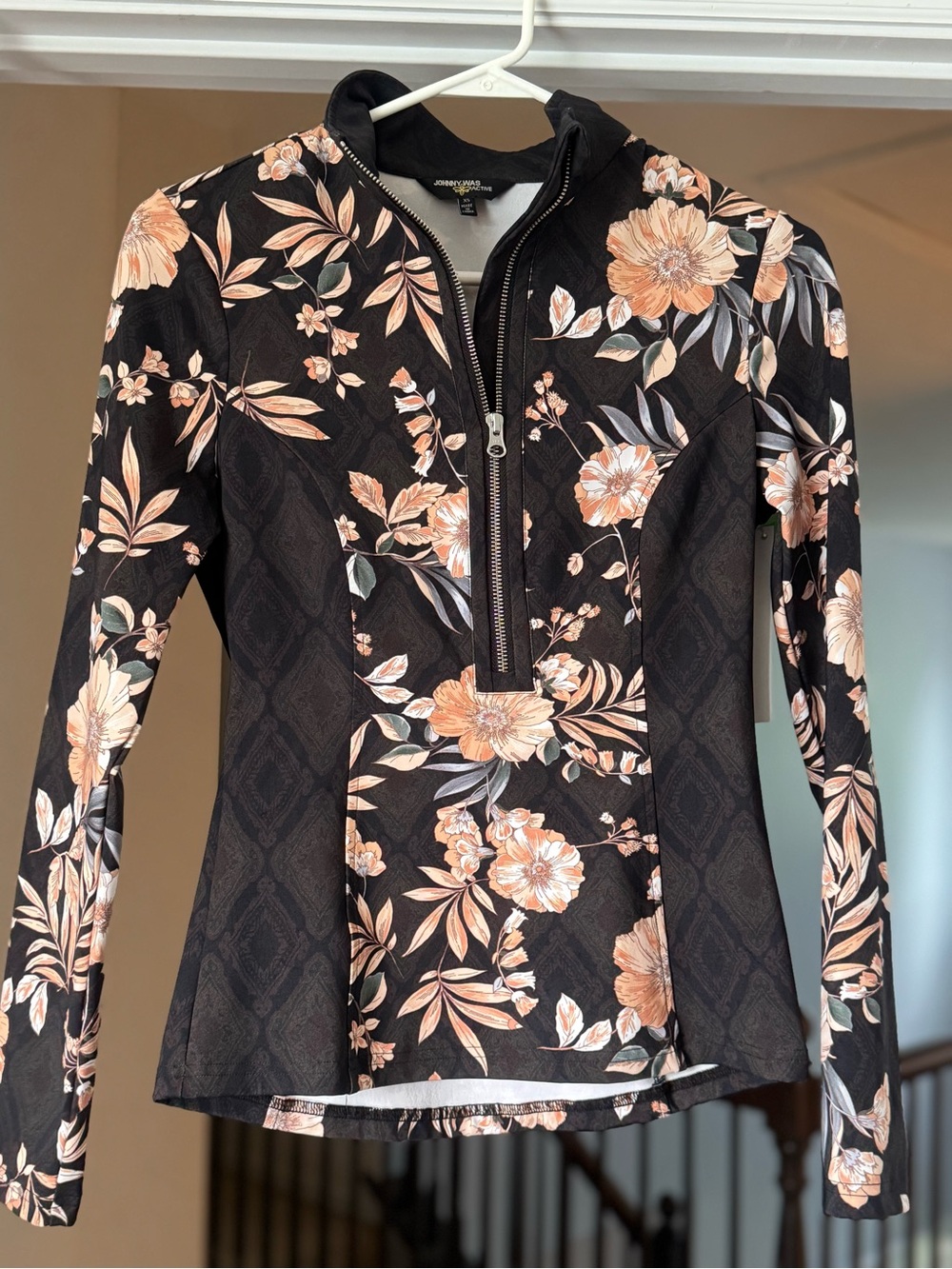 Johnny Was Black Floral Half-Zip Pullover with Peach Blooms